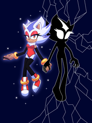 Size: 1536x2048 | Tagged: safe, artist:itz-pandora, oc, oc:stellar the hedgehog, hedgehog, cracked glass, dark form, dark oc, duo, fankid, holding hands, looking at viewer, oc only, parent:shadow, parent:sonic, parents:sonadow, self paradox, smile, super form, super oc, two sides