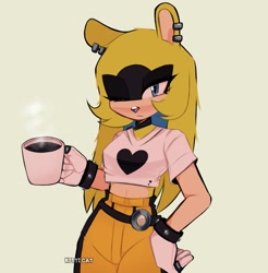 Size: 2015x2048 | Tagged: safe, artist:kitti-cat-princess, surge the tenrec, alternate outfit, coffee, frown, holding something, looking at viewer, mug, one eye closed, simple background, solo, standing