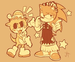 Size: 2048x1707 | Tagged: safe, artist:gamertimeartz, sonic the hedgehog, 2024, chiitan, crossdressing, crossover, dress, duo, monochrome