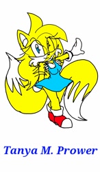 Size: 750x1280 | Tagged: safe, artist:classicsonic06, miles "tails" prower, oc, oc:tanya prower, 2014, character name, clothes, dress, eye clipping through hair, fanfiction art, flat colors, gender swap, hair over one eye, looking at viewer, pointing, simple background, smile, solo, standing, white background