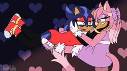 Size: 1920x1080 | Tagged: safe, artist:foxybatty, oc, oc:camellia the cat, oc:stellar the hedgehog, cat, hedgehog, 2024, camilla x stellar, duo, fankid, gradient background, hand on another's face, heart, lesbian, lidded eyes, looking at each other, magical lesbian spawn, oc x oc, parent:amy, parent:blaze, parent:shadow, parent:sonic, parents:blazamy, parents:sonadow, shipping