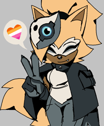 Size: 845x1030 | Tagged: safe, artist:pippatails1, whisper the wolf, 2024, eyes closed, grey background, heart, lesbian, lesbian pride, one fang, pride, simple background, smile, solo, speech bubble, standing, v sign