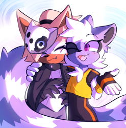 Size: 1908x1931 | Tagged: safe, artist:appliei, tangle the lemur, whisper the wolf, 2023, :3, abstract background, arm around shoulders, blushing, cute, duo, eyes closed, lesbian, mouth open, one eye closed, one fang, shipping, smile, standing, tangle x whisper