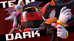 Size: 2048x1152 | Tagged: safe, artist:adverse56, e-123 omega, rouge the bat, shadow the hedgehog, 2024, 3d, abstract background, english text, fixing glove, frown, looking at viewer, looking offscreen, robot, smile, standing, team dark, trio