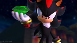 Size: 2048x1152 | Tagged: safe, artist:adverse56, shadow the hedgehog, sonic adventure 2, 2024, 3d, abstract background, chaos emerald, holding something, looking at viewer, redraw, signature, smile, solo, standing