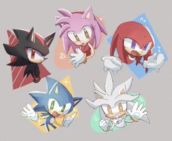 Size: 937x768 | Tagged: safe, artist:pita_b882, amy rose, knuckles the echidna, shadow the hedgehog, silver the hedgehog, sonic the hedgehog, 2024, grey background, group, heart eyes, open mouth, simple background, smile, spiral eyes, x eyes