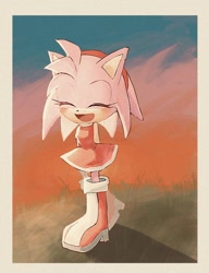 Size: 650x846 | Tagged: safe, artist:pita_b882, amy rose, 2024, border, eyes closed, grass, outdoors, smile, solo, standing, sunset, white border