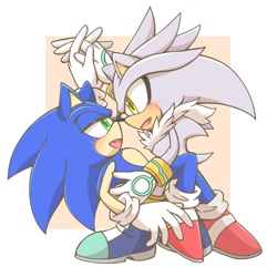 Size: 1000x1000 | Tagged: safe, artist:zhanggu23star, silver the hedgehog, sonic the hedgehog, 2024, abstract background, blushing, dancing, duo, gay, holding each other, looking at each other, mouth open, shipping, smile, sonilver