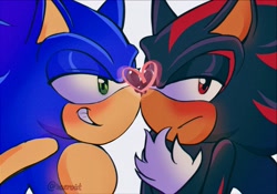 Size: 2048x1431 | Tagged: safe, artist:haeroist, shadow the hedgehog, sonic the hedgehog, 2024, blushing, duo, frown, gay, heart, heart nose, lidded eyes, looking at them, looking away, shadow x sonic, shipping, signature, simple background, smile, sparkles, white background