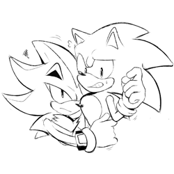 Size: 1280x1280 | Tagged: safe, artist:aze_mtz0, shadow the hedgehog, sonic the hedgehog, 2024, clenched teeth, clingy, duo, frown, gay, holding them, line art, looking at them, looking at viewer, shadow x sonic, shipping, simple background, sweatdrop, white background