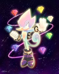 Size: 963x1200 | Tagged: safe, artist:rechi_c, espio the chameleon, 2024, chaos emerald, clenched fist, flying, frown, looking at viewer, signature, solo, star (sky), super espio, super form