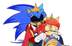 Size: 1507x972 | Tagged: safe, artist:artsriszi, artist:risziarts, sally acorn, sonic the hedgehog, 25/30 years later, au:sonic world travel, blue power pattern, crown, cyan power pattern, king sonic, marriage ring, massage, pregnant, queen sally acorn, roboticized, shipping, sonally, straight, transparent background