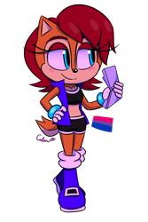 Size: 800x1200 | Tagged: safe, artist:reinadecorazonez, sally acorn, 2020, bisexual, bisexual pride, hand on hip, holding something, looking offscreen, simple background, smile, solo, standing, transparent background