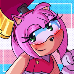 Size: 512x512 | Tagged: safe, artist:orcatheartist, amy rose, 2022, blushing, holding something, icon, lidded eyes, looking at viewer, piko piko hammer, pride flag background, smile, solo, sonic boom (tv), trans female, trans pride, transgender