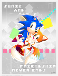 Size: 780x1024 | Tagged: safe, artist:missneens, miles "tails" prower, sonic the hedgehog, 2013, abstract background, blushing, character name, classic sonic, classic tails, cute, duo, english text, hugging, looking at viewer, mouth open, signature, smile