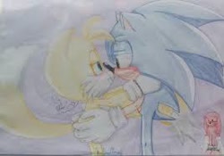 Size: 268x188 | Tagged: safe, artist:noooonswing, knuckles the echidna, miles "tails" prower, sonic the hedgehog, blushing, gay, holding each other, low res, shipping, signature, sonic x tails, standing, team sonic, traditional media, trio