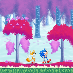 Size: 2000x2000 | Tagged: safe, artist:viatrice, miles "tails" prower, sonic the hedgehog, sonic mania, 2017, abstract background, classic sonic, classic tails, duo, looking up, outdoors, petals, press garden zone, smile, snow, standing on one leg, tree