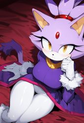 Size: 832x1216 | Tagged: safe, ai art, blaze the cat, bed, blushing, cute, frown, looking at viewer, looking up, looking up at viewer, sitting, solo