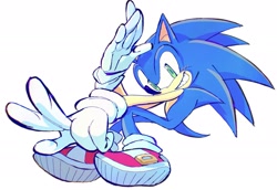 Size: 2021x1394 | Tagged: safe, artist:chaodaycare, sonic the hedgehog, 2024, looking at viewer, salute, simple background, smile, solo, v sign, white background