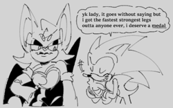 Size: 662x414 | Tagged: dead source, safe, artist:urunclesonic, rouge the bat, sonic the hedgehog, 2023, comic, dialogue, duo, english text, grey background, greyscale, monochrome, simple background, smile, speech bubble