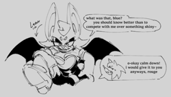 Size: 860x491 | Tagged: dead source, safe, artist:urunclesonic, rouge the bat, sonic the hedgehog, 2023, comic, dialogue, duo, english text, grey background, greyscale, monochrome, speech bubble