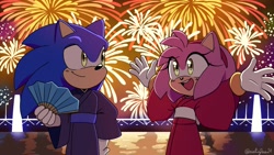 Size: 1280x720 | Tagged: safe, artist:aalicjaa21, amy rose, sonic the hedgehog, 2023, 2024, alternate outfit, amy x sonic, duo, fireworks, hand fan, holding something, kimono, nighttime, outdoors, redraw, shipping, smile, straight