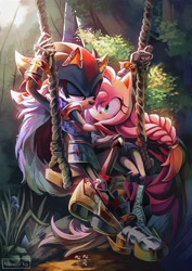 Size: 2896x4096 | Tagged: safe, artist:iubworks, amy rose, shadow the hedgehog, 2024, alternate universe, commission, daytime, duo, outdoors, shadamy, straight, swing