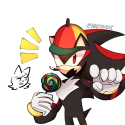 Size: 1280x1280 | Tagged: safe, artist:hostashai, rouge the bat, shadow the hedgehog, 2024, candy, duo, food, hat, holding something, lollipop, one fang, simple background, solo focus, standing, white background