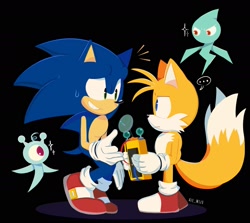 Size: 1827x1628 | Tagged: safe, artist:aze_mtz0, miles "tails" prower, sonic the hedgehog, wisp, black background, cyan wisp, group, looking at each other, miles electric, simple background, sonic colors, white wisp