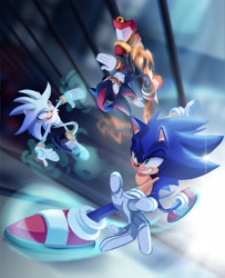 Size: 3322x4096 | Tagged: safe, artist:bolipancito, shadow the hedgehog, silver the hedgehog, sonic the hedgehog, 2024, grin, psychokinesis, running, smile, trio