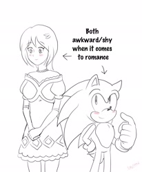 Size: 1688x2048 | Tagged: safe, artist:berrykitty06, princess elise, sonic the hedgehog, hedgehog, human, 2024, blush, duo, english text, greyscale, looking at them, monochrome, shipping, simple background, sonelise, standing, straight, white background