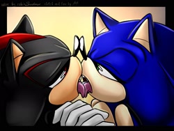 Size: 2048x1536 | Tagged: safe, artist:ezhik_shadow, shadow the hedgehog, sonic the hedgehog, border, duo, french kiss, gay, gradient background, holding hands, kiss, lidded eyes, looking at each other, shadow x sonic, shipping, tongue out