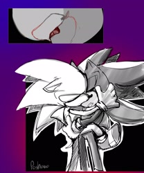 Size: 1707x2048 | Tagged: safe, artist:poshowo, shadow the hedgehog, sonic the hedgehog, 2024, abstract background, alternate view, carrying them, duo, eyes closed, french kiss, gay, greyscale, holding each other, kiss, monochrome, shadow x sonic, shipping, signature, sketch, standing