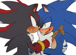 Size: 1947x1399 | Tagged: safe, artist:roastedgarlics2, shadow the hedgehog, sonic the hedgehog, blushing, blushing ears, clenched teeth, duo, gay, hand behind back, lidded eyes, looking at each other, one fang, shadow x sonic, shipping, simple background, sitting, tongue out, white background