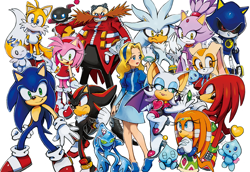 Size: 1166x800 | Tagged: safe, artist:purin_p, blaze the cat, chaos, cream the rabbit, knuckles the echidna, maria robotnik, metal sonic, miles "tails" prower, robotnik, rouge the bat, shadow the hedgehog, silver the hedgehog, sonic the hedgehog, tikal, chao, human, 2022, dark chao, everyone is here, hero chao, master emerald shard, neutral chao, robot, simple background, white background