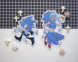 Size: 2500x2000 | Tagged: safe, artist:sainttufa, sonic the hedgehog, human, 2023, cosplay, crossover, duo, hatsune miku, sticker, vocaloid