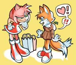 Size: 1347x1148 | Tagged: safe, artist:t4tails, amy rose, miles "tails" prower, clothes, dress, duo, duo female, exclamation mark, female, females only, freckles, heart, mouth open, one fang, shopping bag, signature, simple background, standing, tag, thinking, tongue out, trans female, trans girl tails, transgender, yellow background