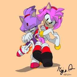 Size: 2048x2048 | Tagged: safe, artist:blaze-the-cat2006, amy rose, blaze the cat, sonic prime, 2024, amy x blaze, carrying them, duo, eyes closed, heart hands, lesbian, mouth open, orange background, redraw, running, shipping, signature, simple background, smile, sonic prime s3