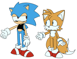 Size: 1069x827 | Tagged: safe, artist:twipsai, miles "tails" prower, sonic the hedgehog, 2024, binder, classic sonic, classic tails, duo, flat colors, frown, hand out, lidded eyes, looking at them, looking offscreen, simple background, standing, trans male, transgender, white background