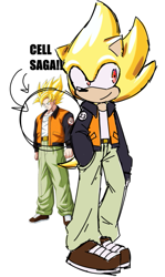 Size: 529x885 | Tagged: safe, artist:twipsai, sonic the hedgehog, super sonic, 2024, alternate outfit, clothes, cosplay, crossover, dragon ball z, goku, hand in pocket, jacket, looking offscreen, pants, reference inset, shirt, simple background, smile, solo, standing, super form, trans male, transgender, white background