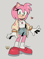 Size: 778x1035 | Tagged: safe, artist:superscourge, amy rose, alternate outfit, alternate universe, au:new game, clothes, grey background, jacket, looking at viewer, necklace, shirt, shoes, shorts, signature, simple background, smile, socks, solo, standing