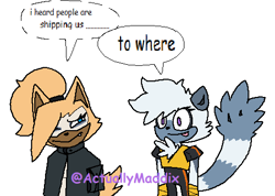 Size: 488x348 | Tagged: safe, artist:actuallymaddix, tangle the lemur, whisper the wolf, dialogue, duo, english text, flat colors, lesbian, meme, ms paint, people are shipping us, shipping, signature, simple background, smile, speech bubble, standing, tangle x whisper, tongue out, white background