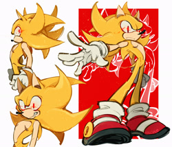 Size: 2048x1751 | Tagged: safe, artist:vulcan-moon, sonic the hedgehog, super sonic, hedgehog, frown, glowing eyes, looking at viewer, looking offscreen, smile, solo, standing, super form, top surgery scars, trans boy sonic, trans male, transgender