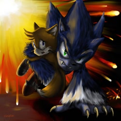 Size: 900x900 | Tagged: safe, artist:netraptor, miles "tails" prower, sonic the hedgehog, sonic unleashed, 2009, abstract background, carrying them, duo, fire, hand on ground, holding each other, holding them, lineless, looking ahead, looking at viewer, looking offscreen, mouth open, scared, signature, sonic the werehog, were form, werehog