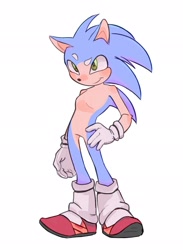 Size: 1497x2048 | Tagged: safe, artist:ghb_111, sonic the hedgehog, 2024, beanbrows, hand on hip, leg warmers, looking offscreen, redesign, simple background, smile, solo, standing, white background