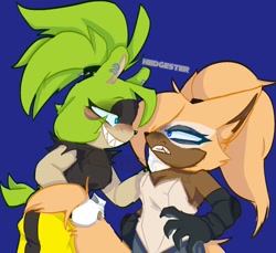 Size: 1304x1194 | Tagged: safe, artist:hedgester, surge the tenrec, whisper the wolf, 2024, blue background, blushing, cleavage, clenched teeth, duo, frown, grabbing tail, lesbian, lidded eyes, looking at each other, shipping, signature, simple background, smile, squinting, standing, whisper x surge