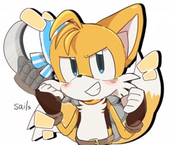 Size: 1536x1280 | Tagged: safe, artist:melida56345744, miles "tails" prower, sails, 2024, blushing, clenched fists, looking at viewer, signature, simple background, smile, solo, standing, white background