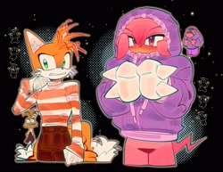 Size: 2866x2215 | Tagged: safe, artist:xammyoowah, knuckles the echidna, miles "tails" prower, 2024, anxiety (inside out), black background, crossover, duo, embarrassment (inside out), hoodie, inside out, simple background