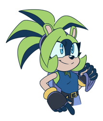 Size: 750x877 | Tagged: safe, artist:son1c, surge the tenrec, alignment swap, alternate universe, alternate version, holding something, looking offscreen, simple background, smile, solo, standing, white background