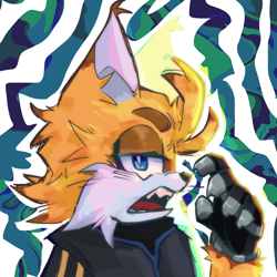 Size: 2048x2048 | Tagged: safe, artist:m3tr0n0m333, miles "tails" prower, nine, sonic prime, abstract background, lidded eyes, looking at viewer, mouth open, solo, whiskers